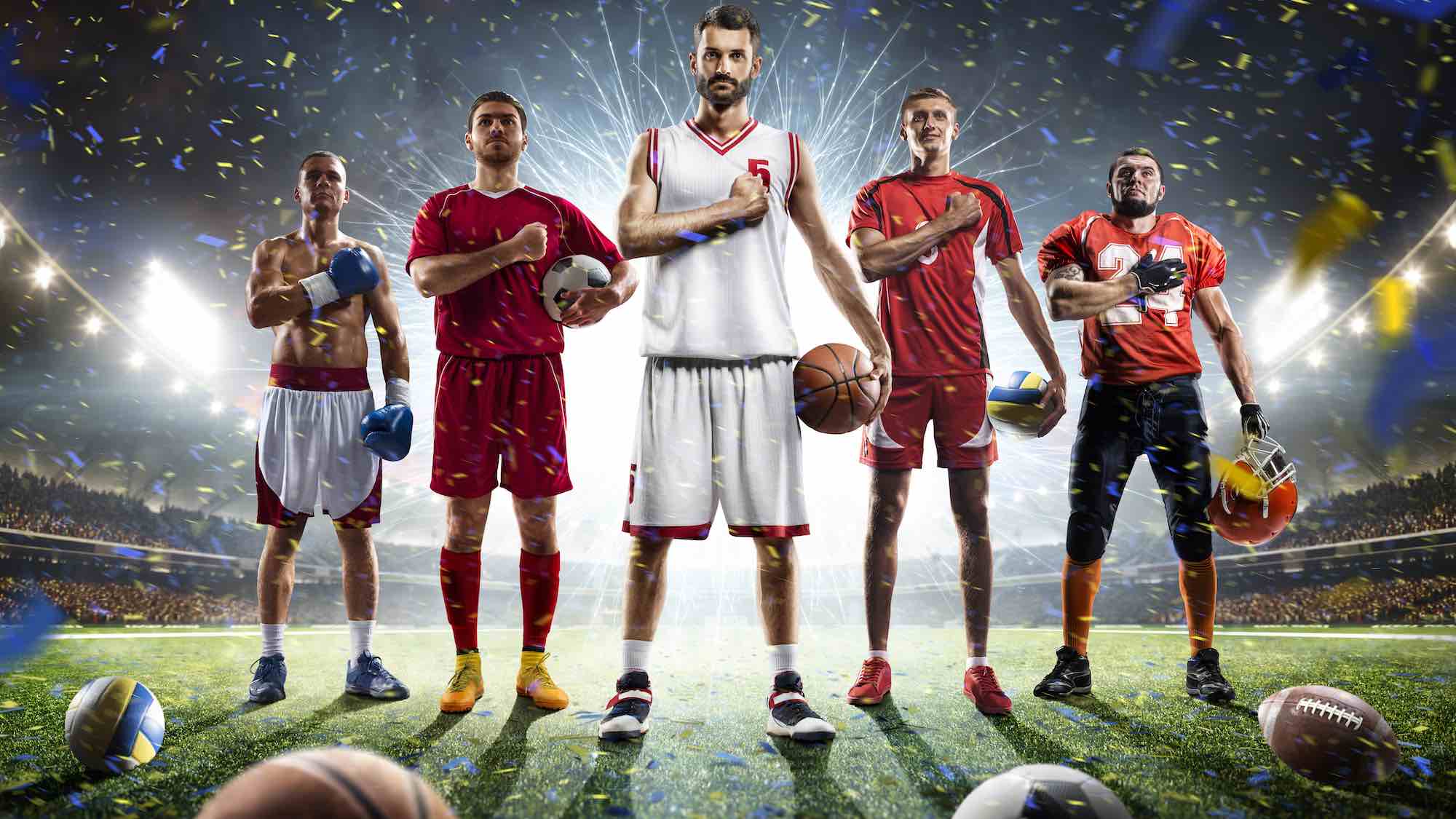 Großes Bild mit Sportlern verschiedener Sportarten. Hintergrundbild der Überschrift Impressum.
